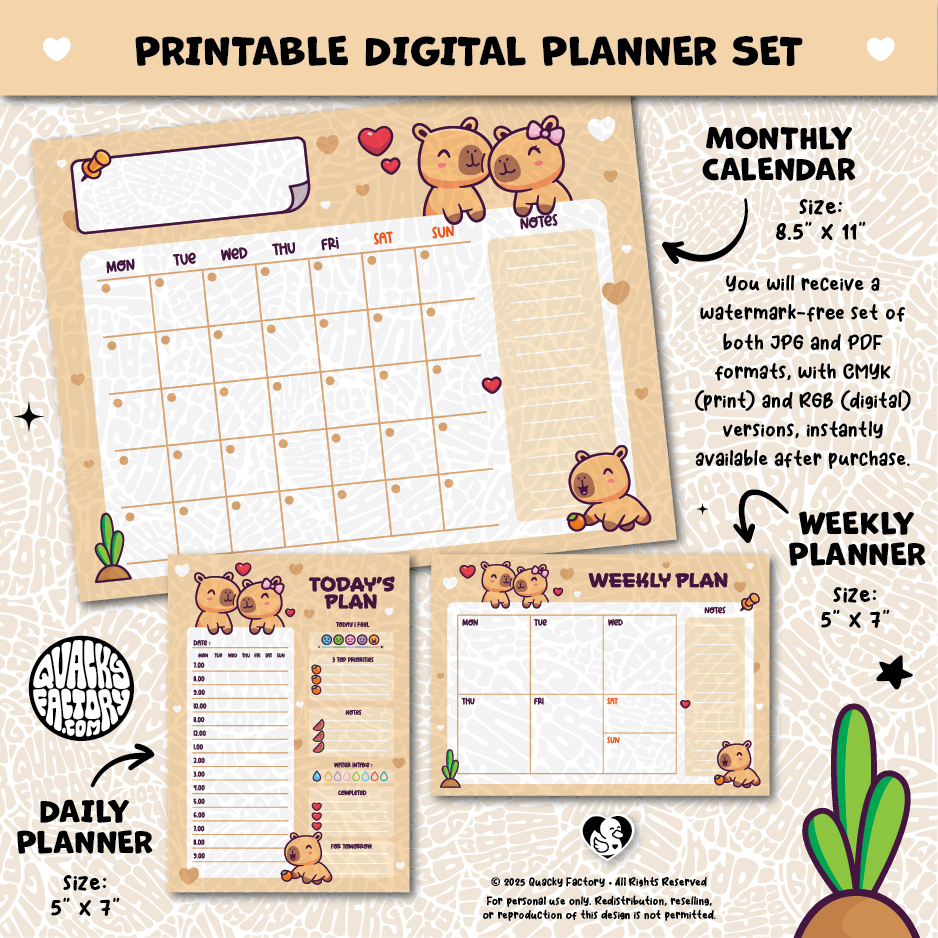 Quacky Factory -Capybaras - Printable Digital Planner Set (34531-344484)